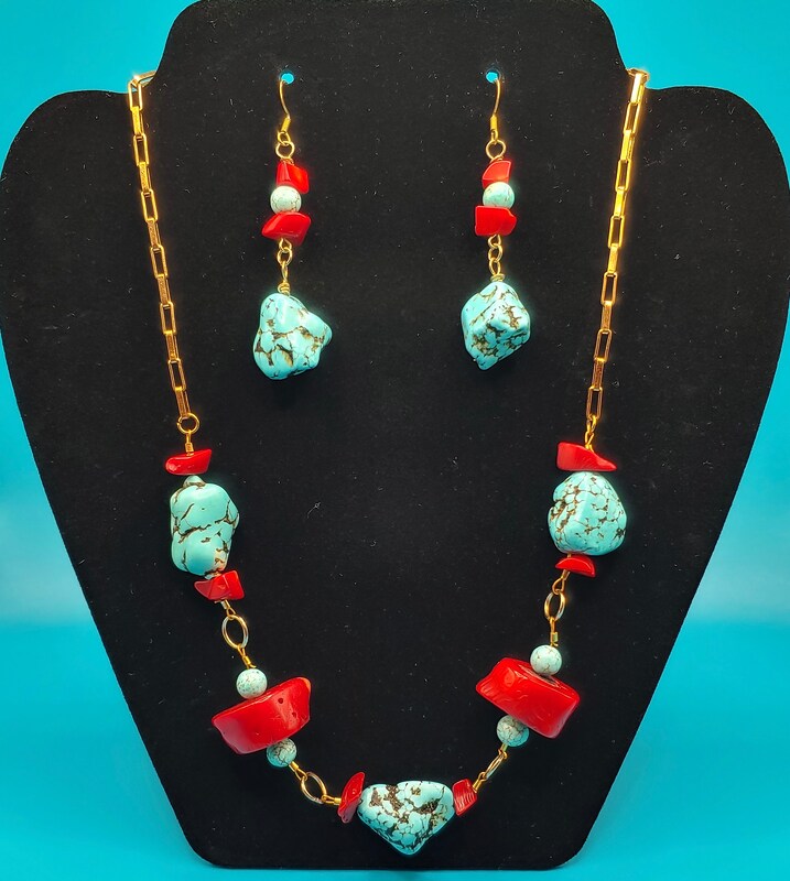 Turquoise Magnesite and Red Coral Necklace and Earring SET